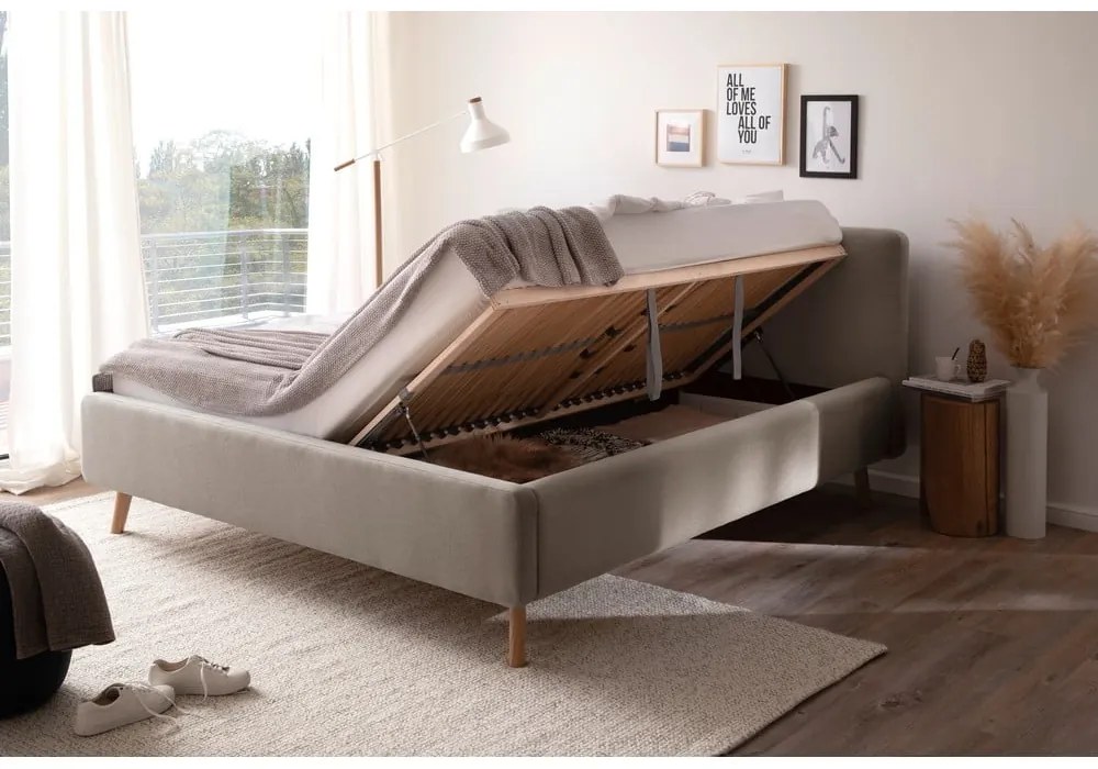 Letto matrimoniale imbottito grigio tortora con contenitore con rete inclusa 160x200 cm Mattis – Meise Möbel