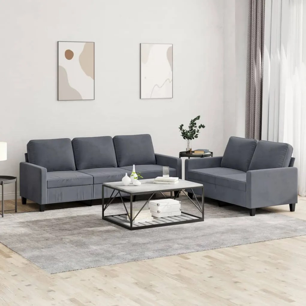 Set Di Divani 2 Pz Con Cuscini Grigio Scuro İn Velluto /