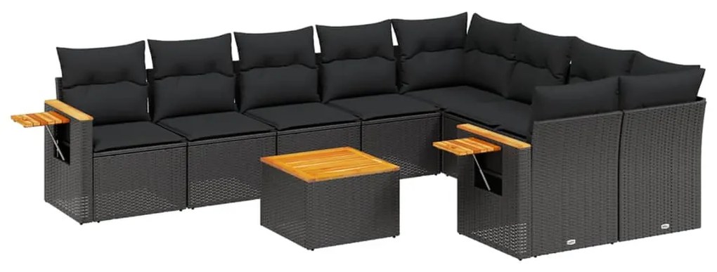 Set divani da giardino 10pz con cuscini in polyrattan nero