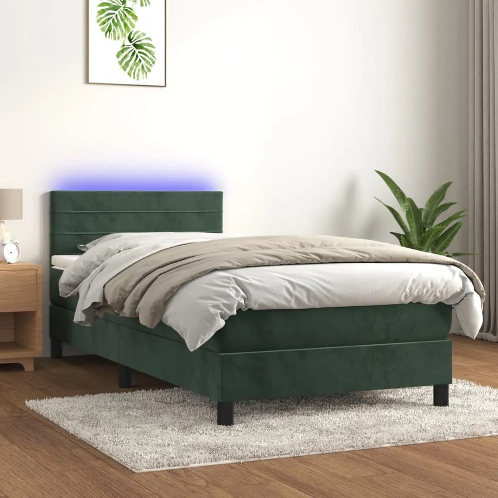 Letto a molle con materasso e led verde scuro 100x200cm velluto