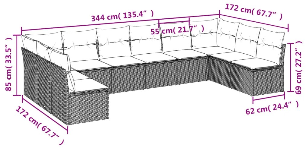 Set Divano da Giardino 10 pz con Cuscini Beige in Polyrattan