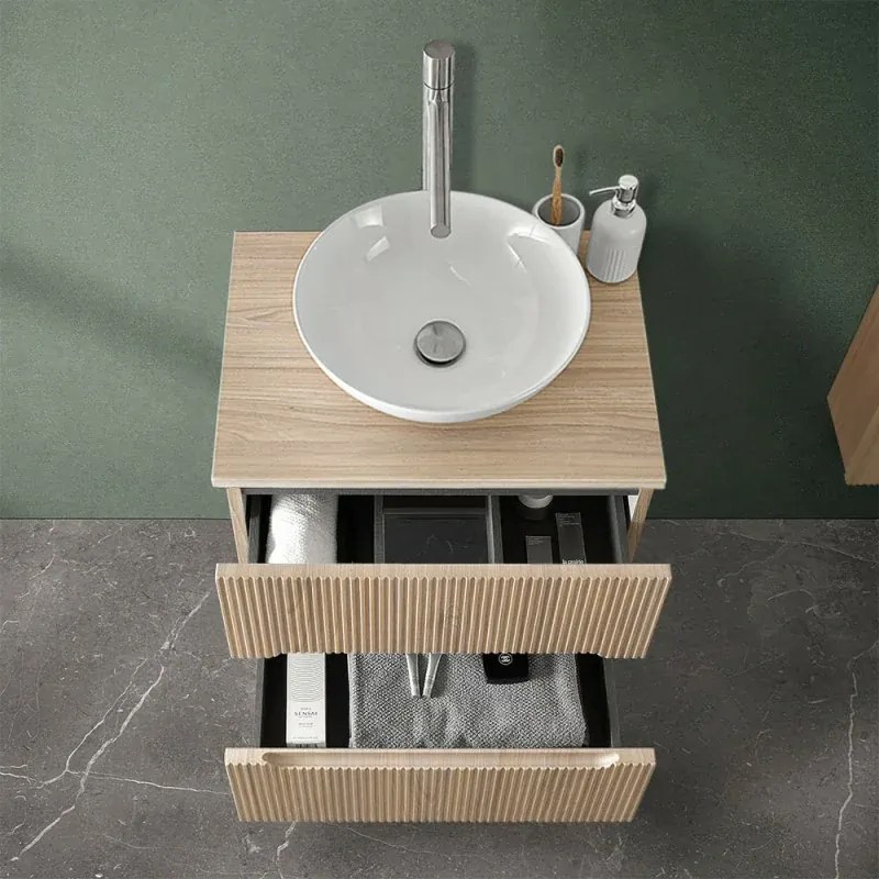 Mobile bagno sospeso cannettato 60 cm rovere chiaro con top e specchio Bali