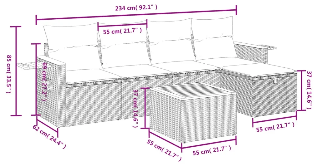 Set divano da giardino 6 pz con cuscini grigio in polyrattan