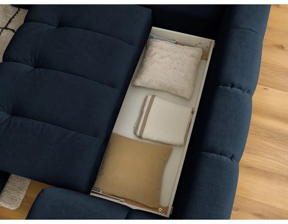 Divano angolare blu scuro allungabile e con contenitore (penisola a sinistra/a L) con rivestimento in ciniglia Fuji – Bobochic Paris