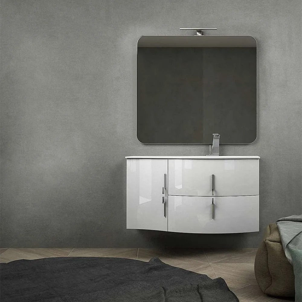 Mobile da Bagno Sospeso Bianco Lucido 105 cm con Specchiera