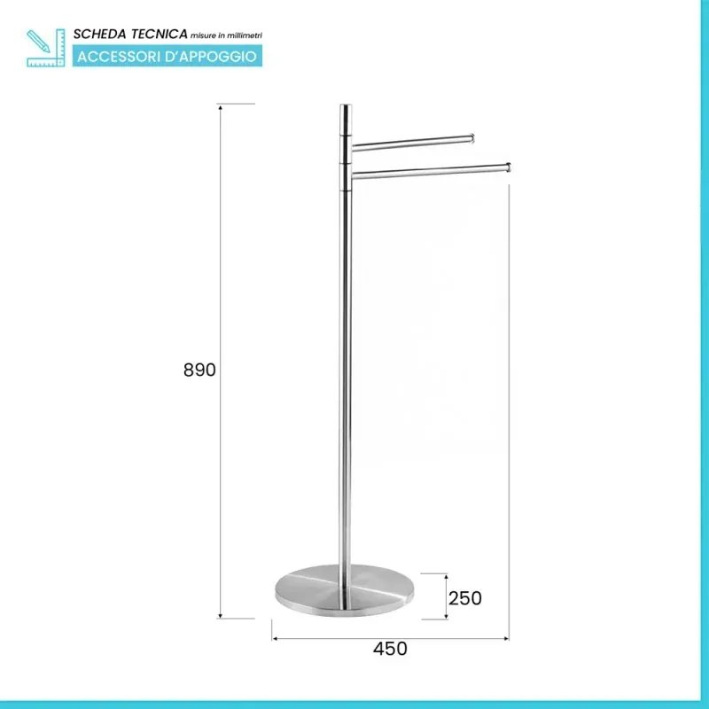 Piantana porta asciugamani a due bracci mobili in acciaio inox satinato Lunar