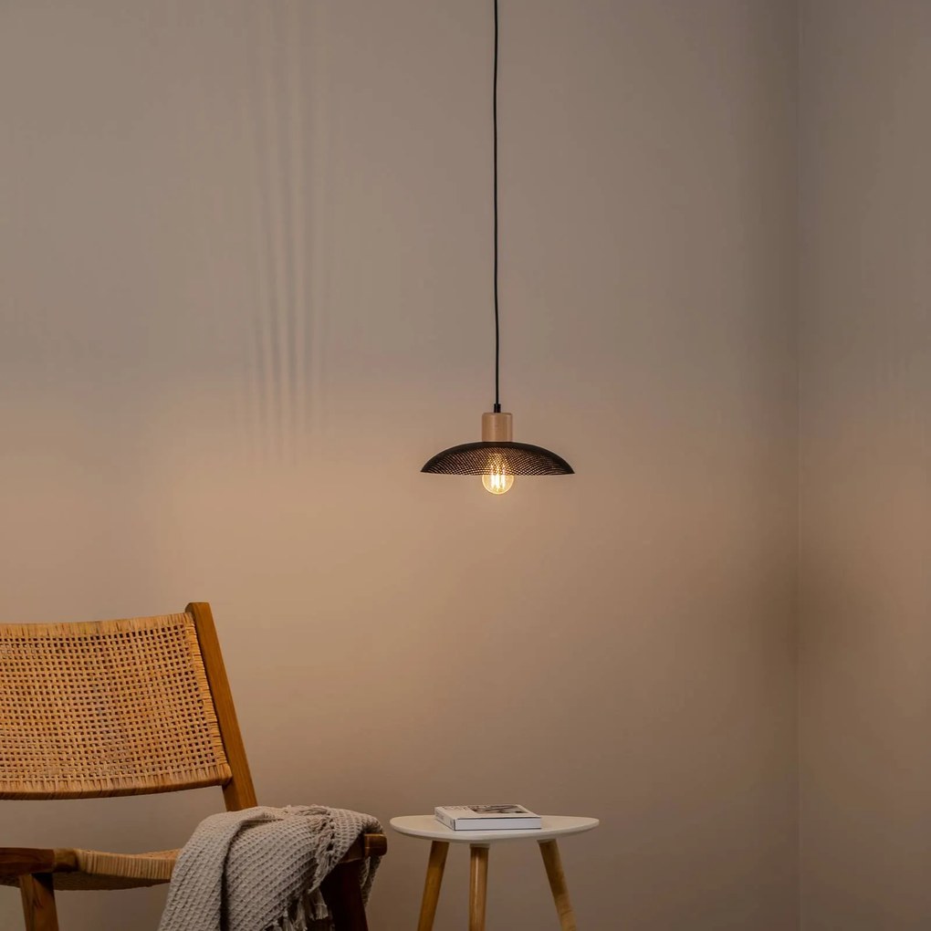 EMIBIG LIGHTING Lampada a sospensione Kobe, 1 luce, acciaio, legno, nero