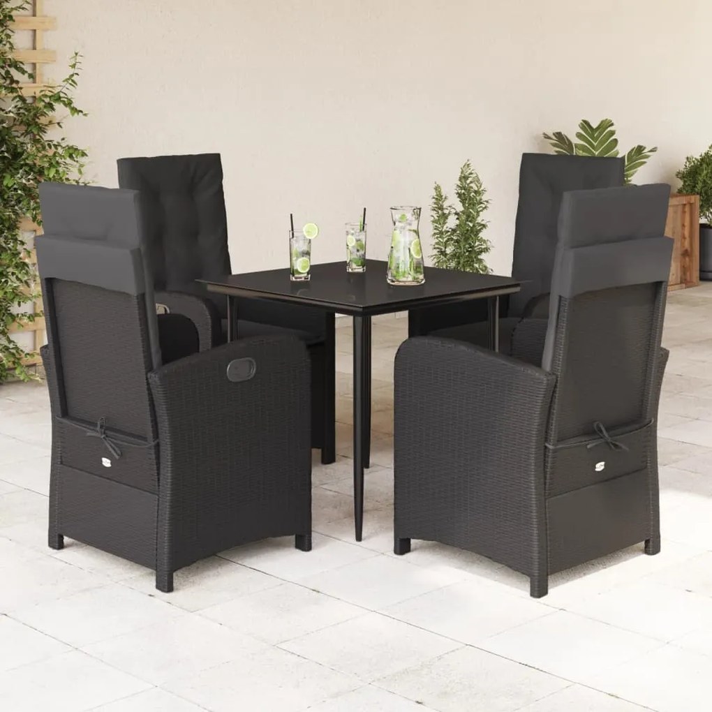 Set da pranzo da giardino 5 pz nero con cuscini in polyrattan