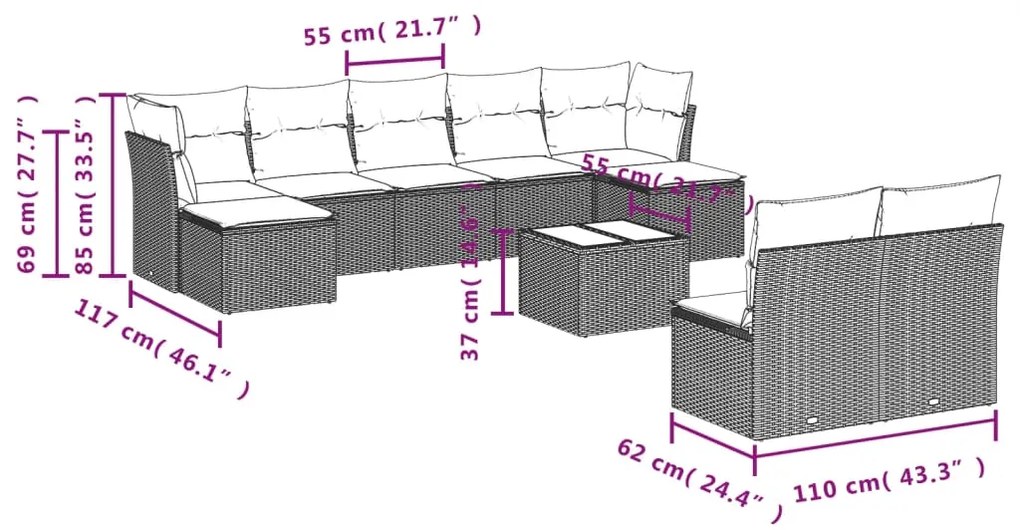 Set divano giardino 10 pz con cuscini grigio chiaro polyrattan