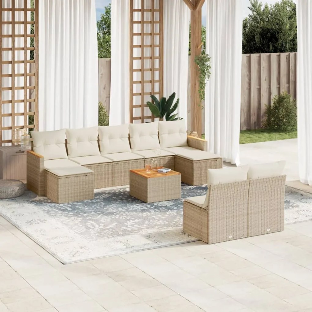 Set divano da giardino 10 pz con cuscini beige in polyrattan