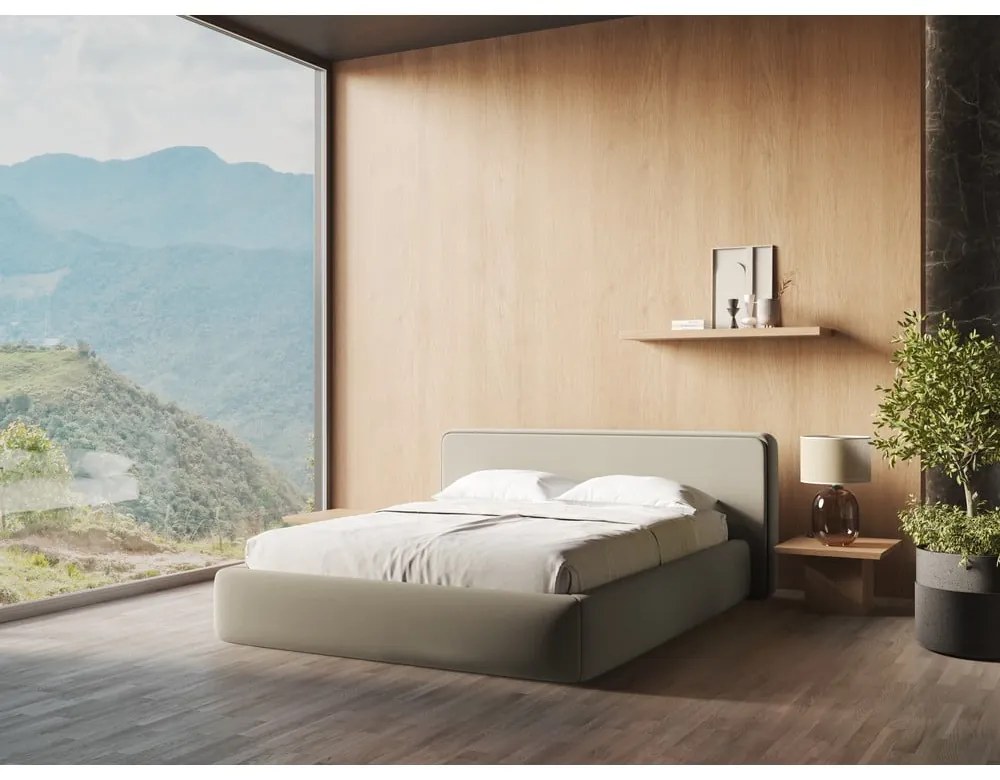 Letto matrimoniale imbottito beige con vano contenitore con griglia 160x200 cm Kiana - Makamii