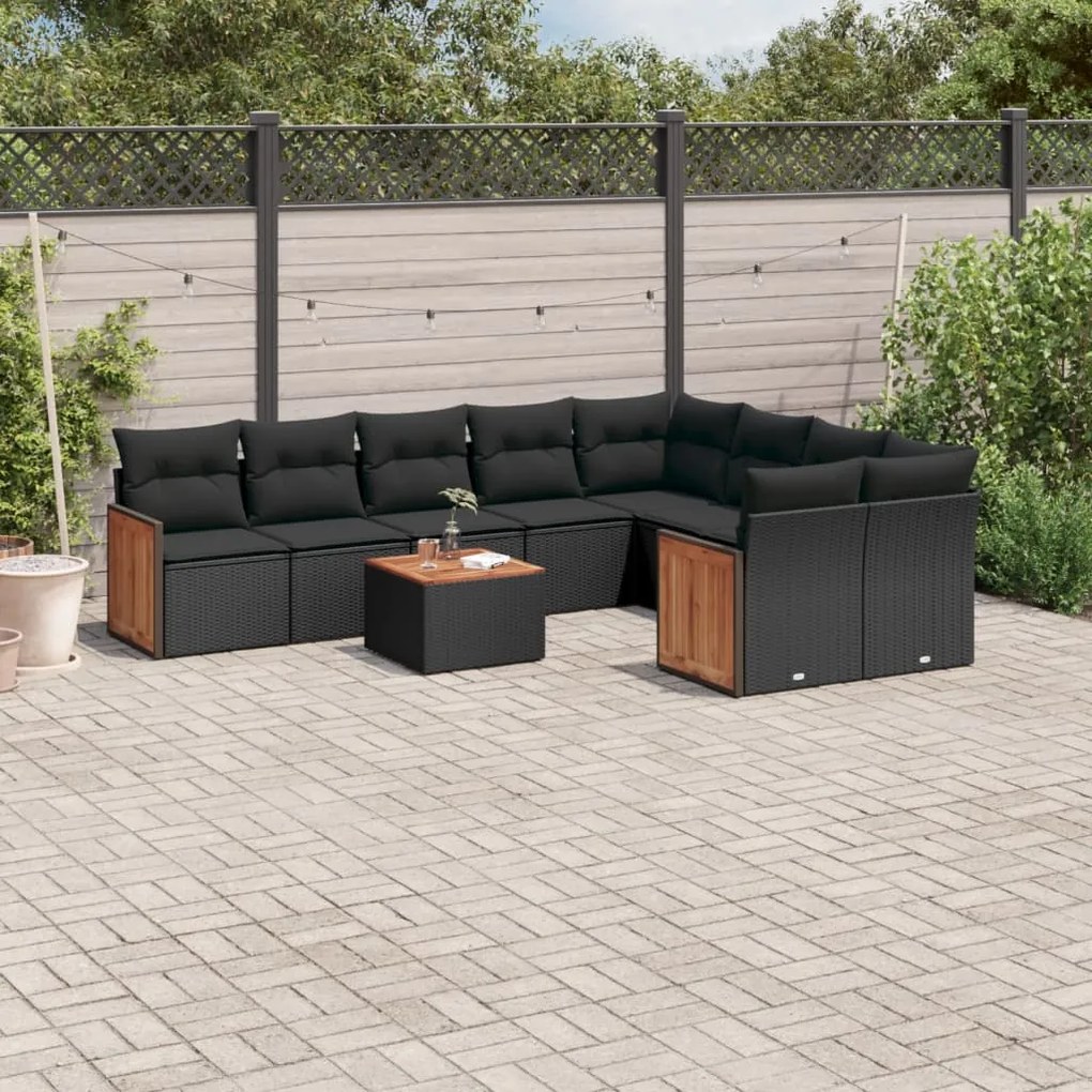 Set divani da giardino 10pz con cuscini in polyrattan nero