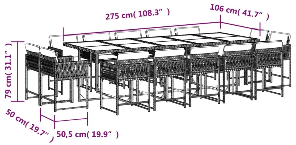 Set da pranzo da giardino 15 pz con cuscini marrone polyrattan