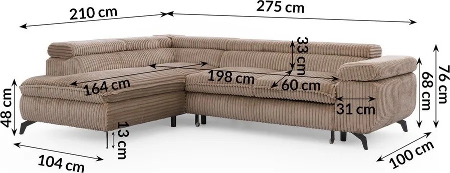 Divano angolare marrone (con penisola a sinistra/a L) con rivestimento in velluto a coste Marbeya – Ropez