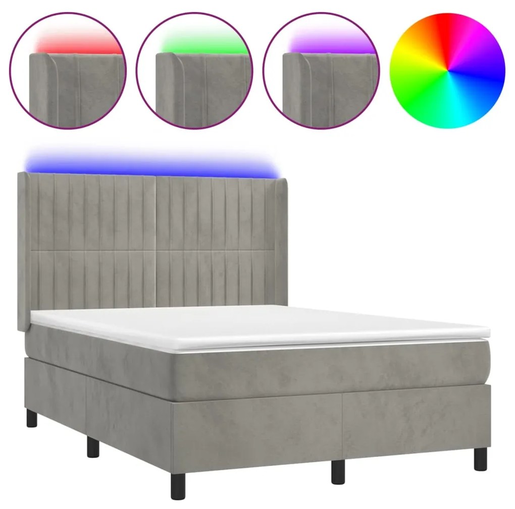 Letto a molle materasso e led grigio chiaro 140x190 cm velluto