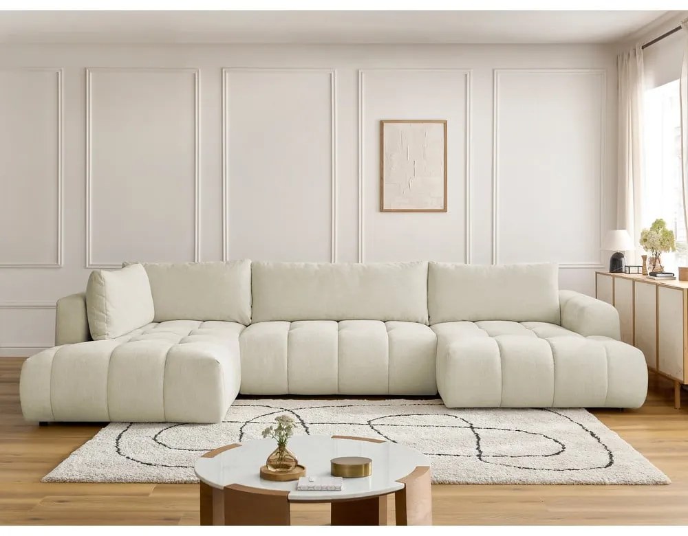 Divano angolare beige allungabile e con contenitore (penisola a sinistra/a U) Fuji – Bobochic Paris