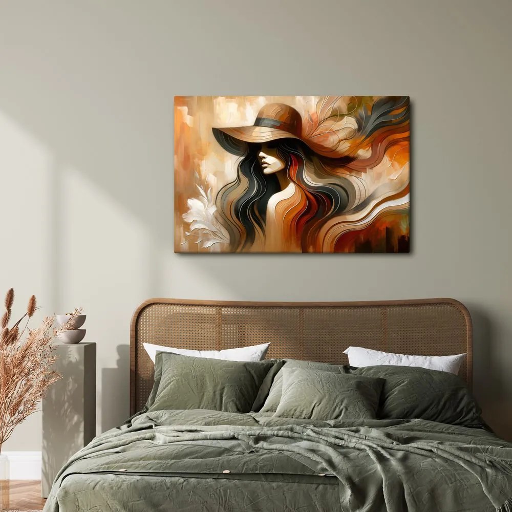 Quadro su tela – Donna con cappello in toni autunnali
