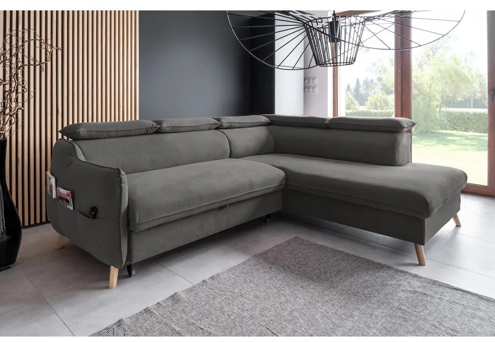 Divano letto angolare in velluto grigio scuro (angolo destro) Sweet Harmony - Miuform