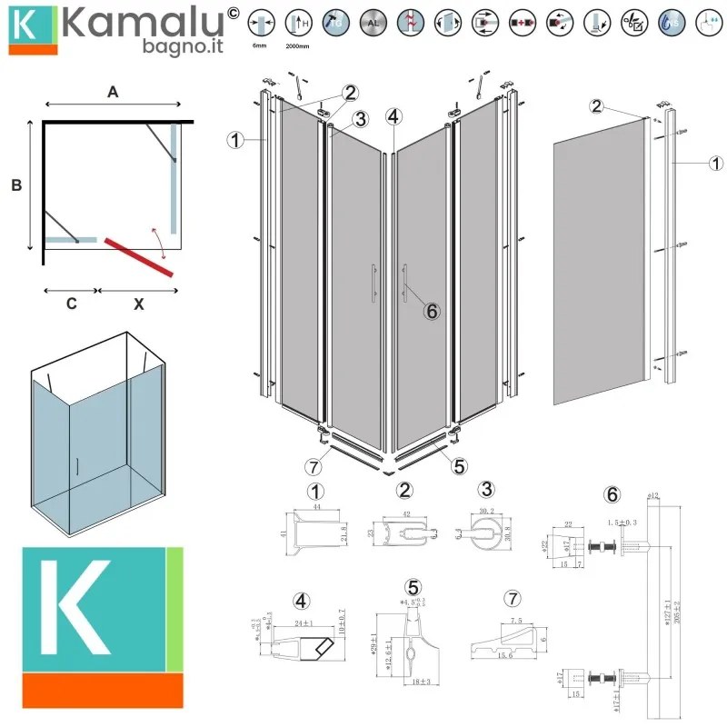 Kamalu - Box doccia 70x105cm finitura nera battente e fisso 70cm | KPX2800N