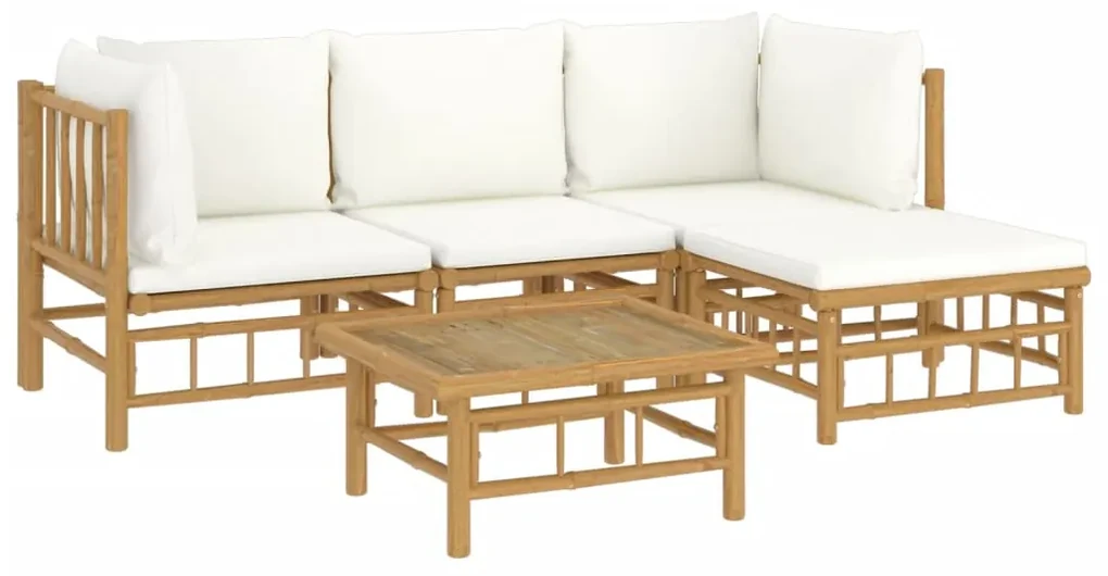 Set salotto da giardino 5pz con cuscini bianco crema in bambù