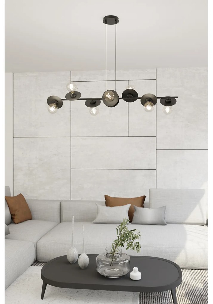 Lampadario 8 Luci Eos In Acciaio Nero Con Barra E Diffusori A Piatti