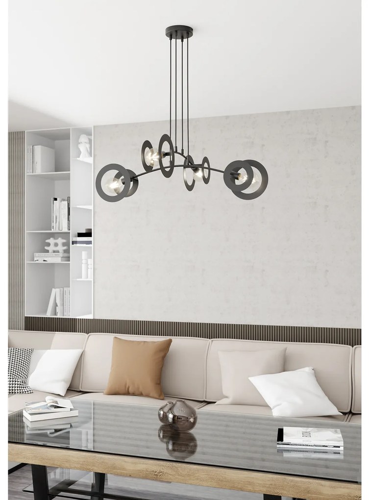 Lampadario 4 Luci Crono In Acciaio Nero A Bracci E Diffusori A Doppio Cerchio