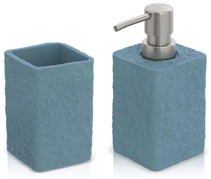 Set accessori bagno dispenser e portaspazzolini in resina turchese cobalto effetto pietra