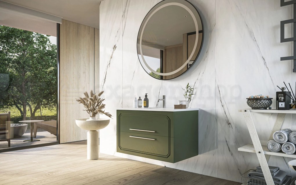 Mobile bagno Verde oliva 100x46 Vienna con lavabo ad incasso e due cassetti rifiniti con maniglie cromo