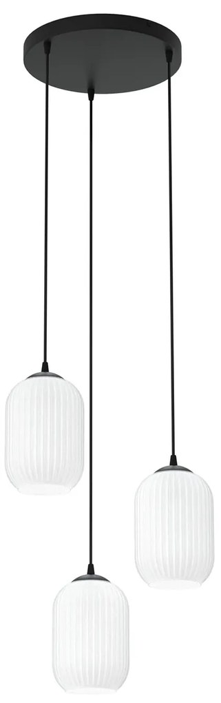 Lampadario 3 Luci Selene Base Tonda In Acciaio Nero E Vetri Plissettati Bianchi