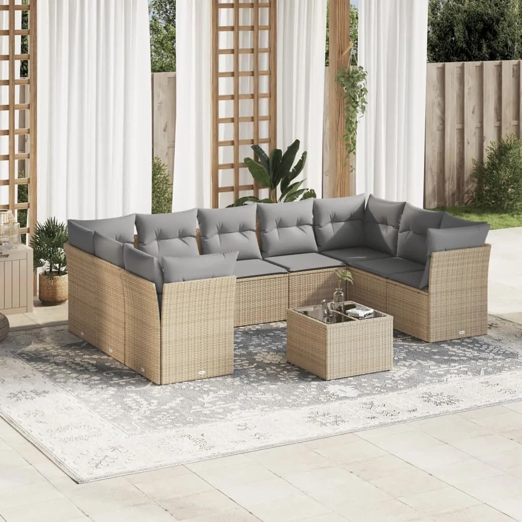 Set Divano da Giardino 10 pz con Cuscini Beige in Polyrattan