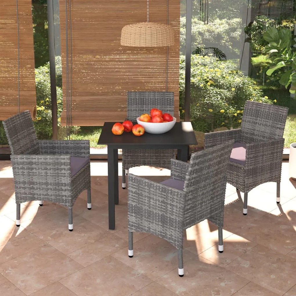 Set da pranzo per giardino 5 pz con cuscini polyrattan grigio