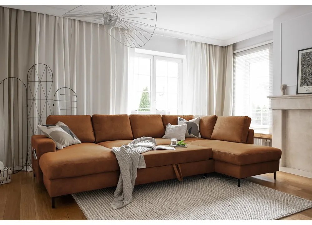 Divano letto in velluto a coste arancio-marrone (angolo destro) Lofty Lilly - Miuform