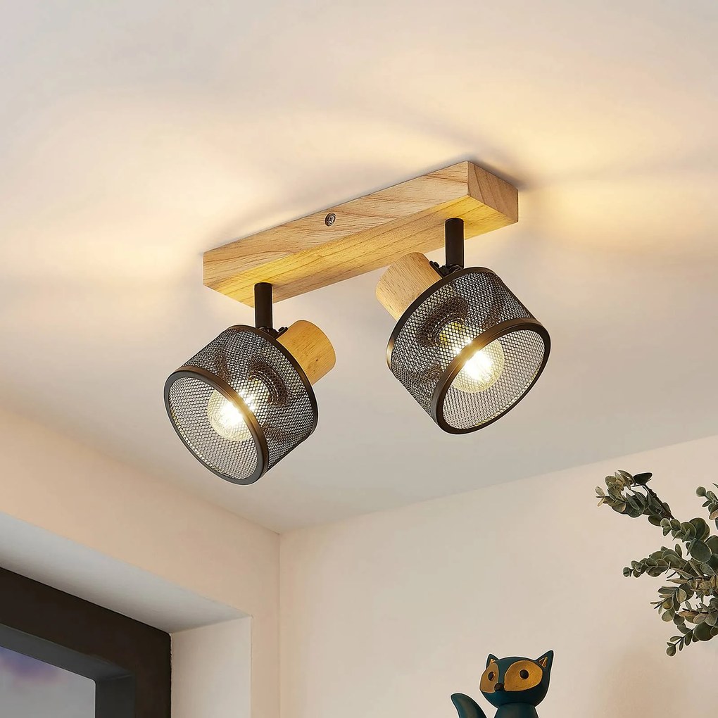Lindby Evinora spot da soffitto di legno, 2 luci Lindby, dimmerabile, Legno chiaro, Soggiorno / Sala da pranzo, Legno, Moderno, Faretto