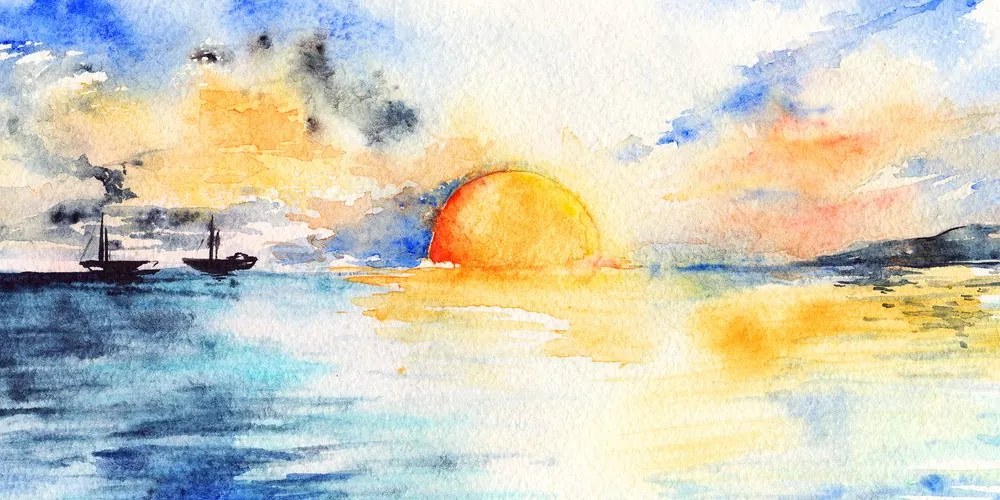 Stampa su tela – Mare acquerellato e tramonto
