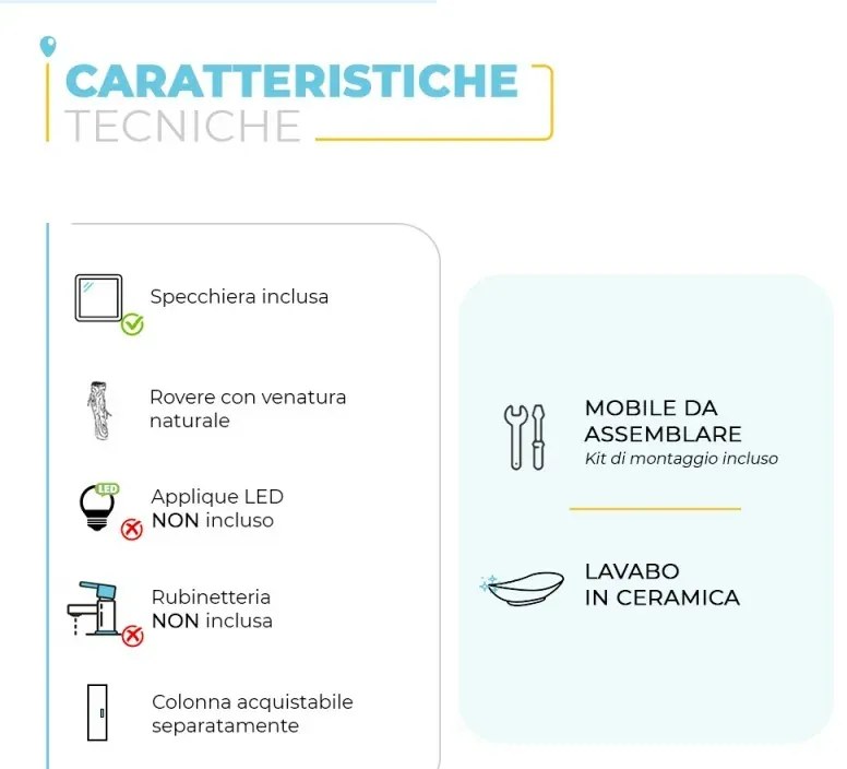 Mobile bagno sospeso 80 cm 2 ante serie Oasi rovere con specchio e lavabo