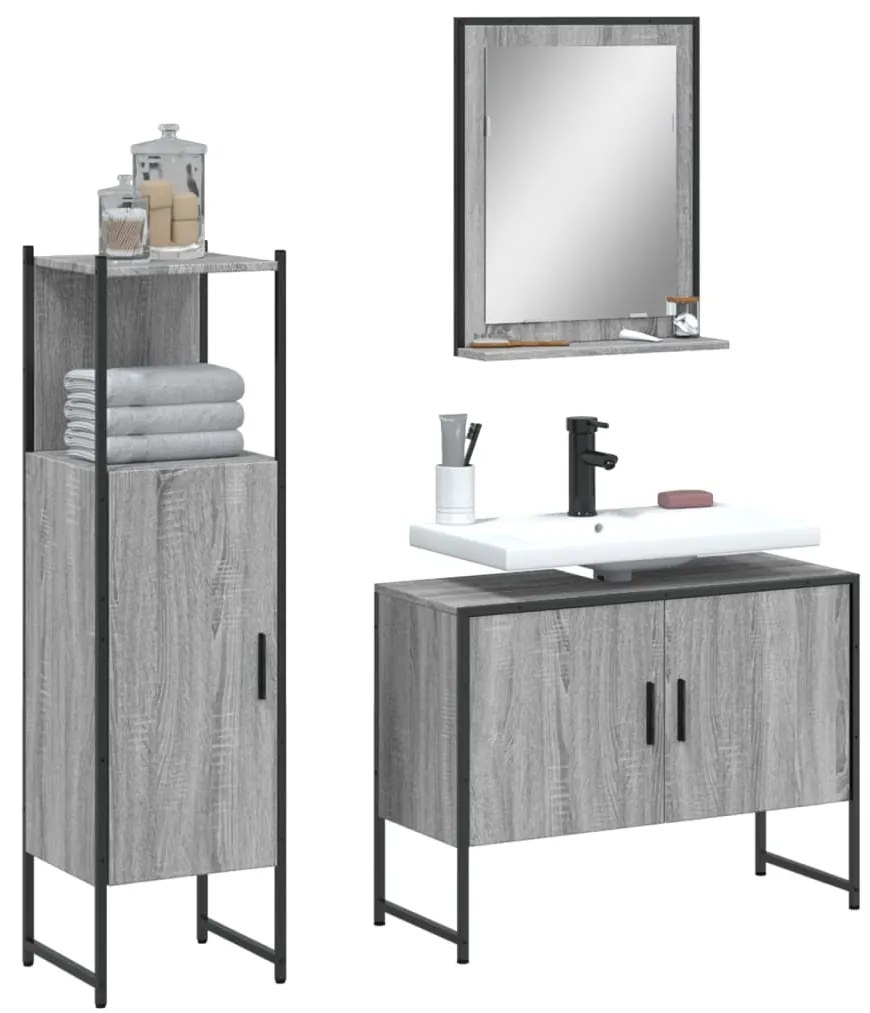 Set mobili da bagno 3 pz grigio sonoma in legno multistrato