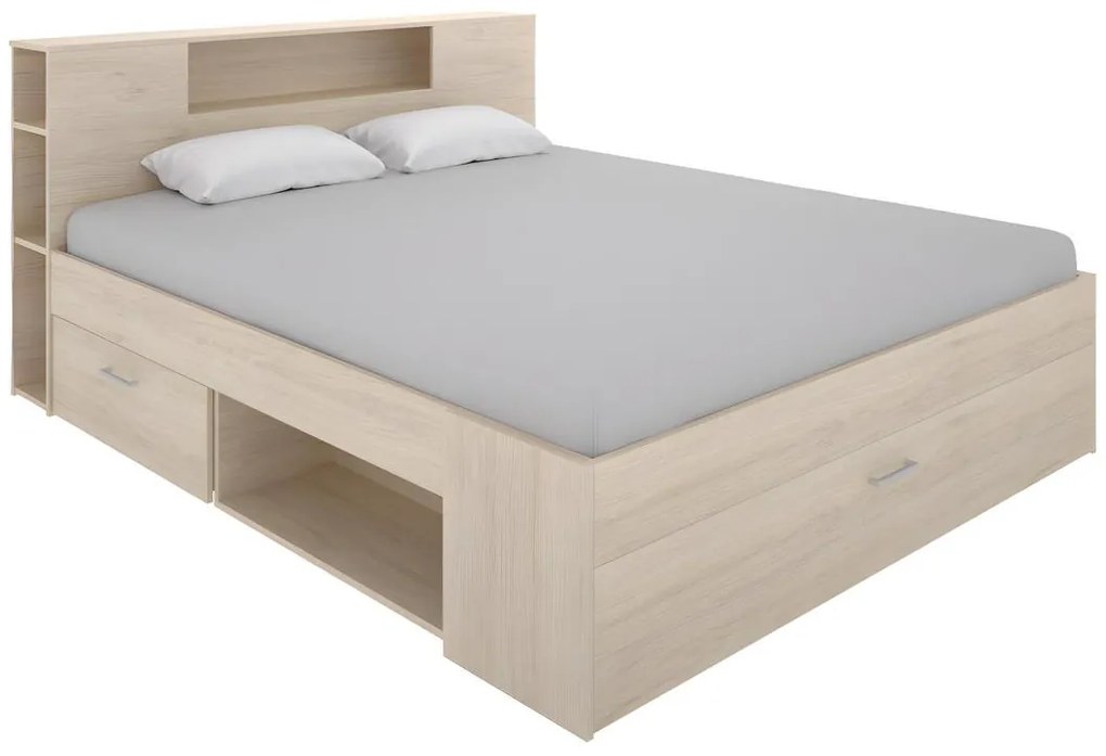 Letto matrimoniale alla francese con testiera portaoggetti e cassetti 140 x 190 cm colore Naturale - LEANDRE