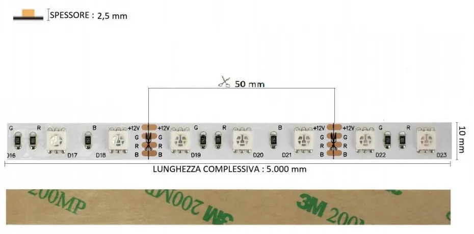 Striscia LED Professional 5050/60 - RGB - IP20 - 14,4W/m - 5m - 12V Colore RGB