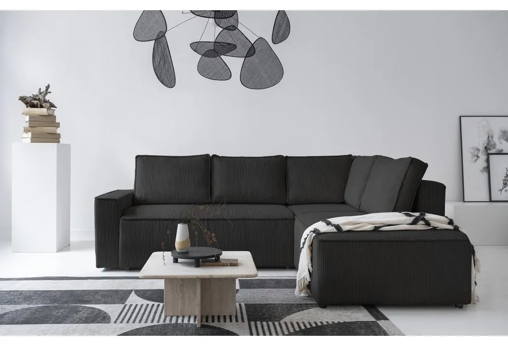 Divano letto angolare in velluto a coste color antracite Brave Dave - Miuform