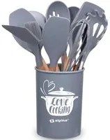 Set Utensili da Cucina Grigio e Supporto 12 Pezzi Utensili Silicone Manico Legno