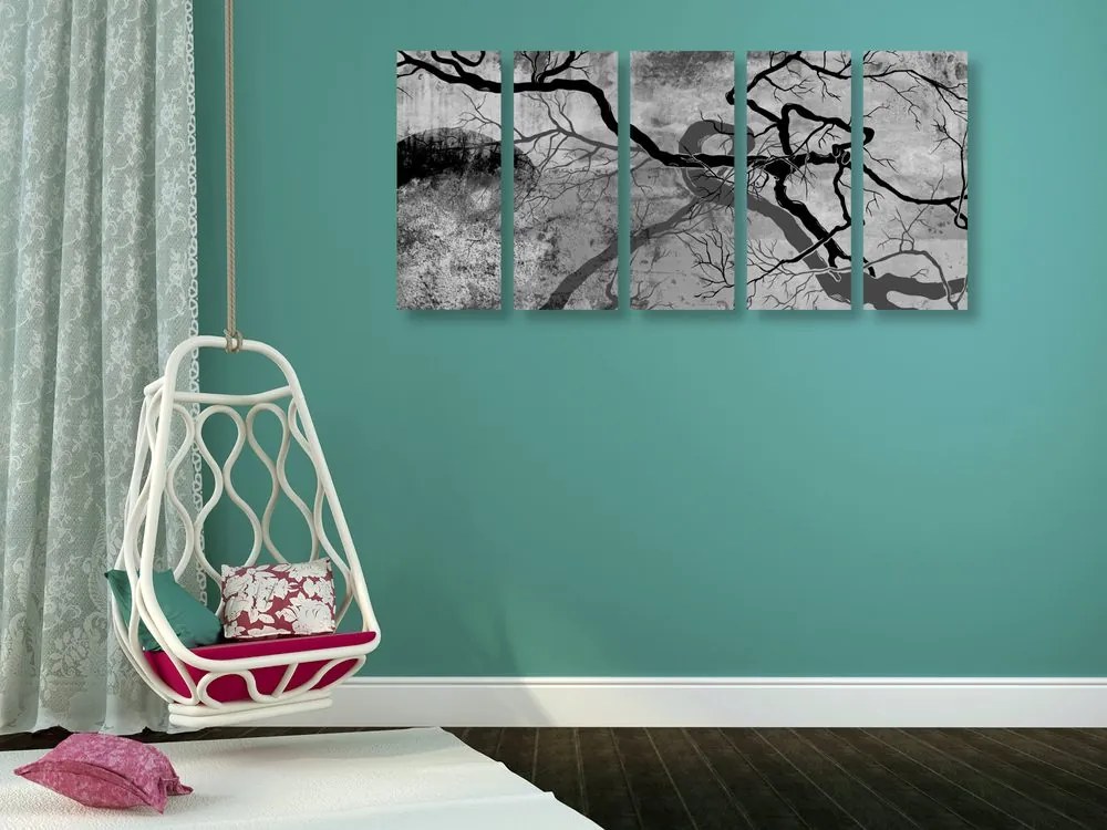 Quadri 5 pezzi – Alberi surrealisti in bianco e nero