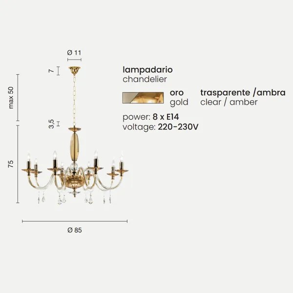 Lampadario a sospensione CECILIA in cristallo 8 luci AMBRA