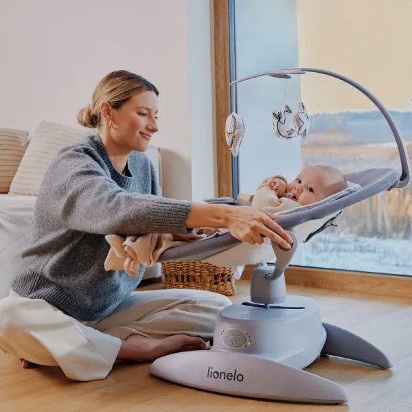 Lionelo - Altalena per bambini con melodia MELL Grey Stone 4xAA + telecomando