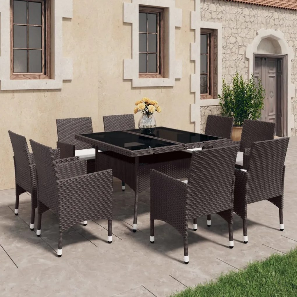 Set da pranzo da giardino 9 pz in polyrattan e vetro marrone