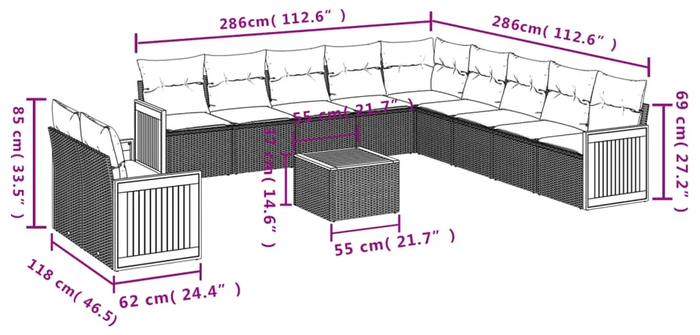 Set divani da giardino 12 pz con cuscini grigio in polyrattan