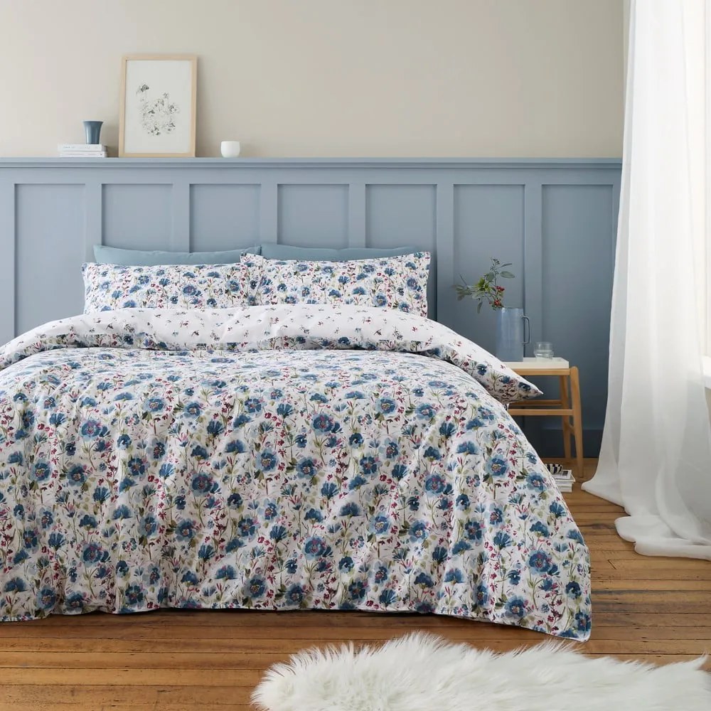 Biancheria da letto in flanella bianca e blu per letto matrimoniale 200x200 cm Ophelia Floral - Bianca