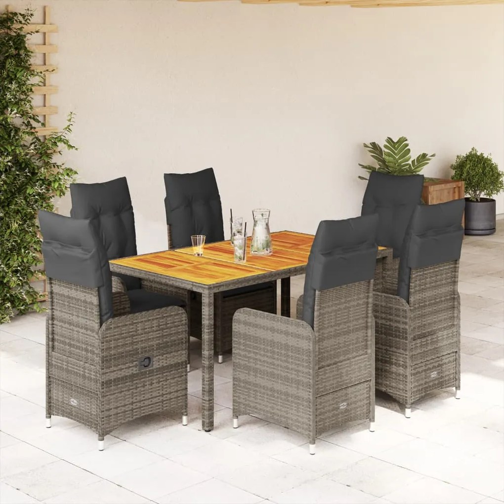 Set bistrò da giardino 7 pz con cuscini in polyrattan grigio