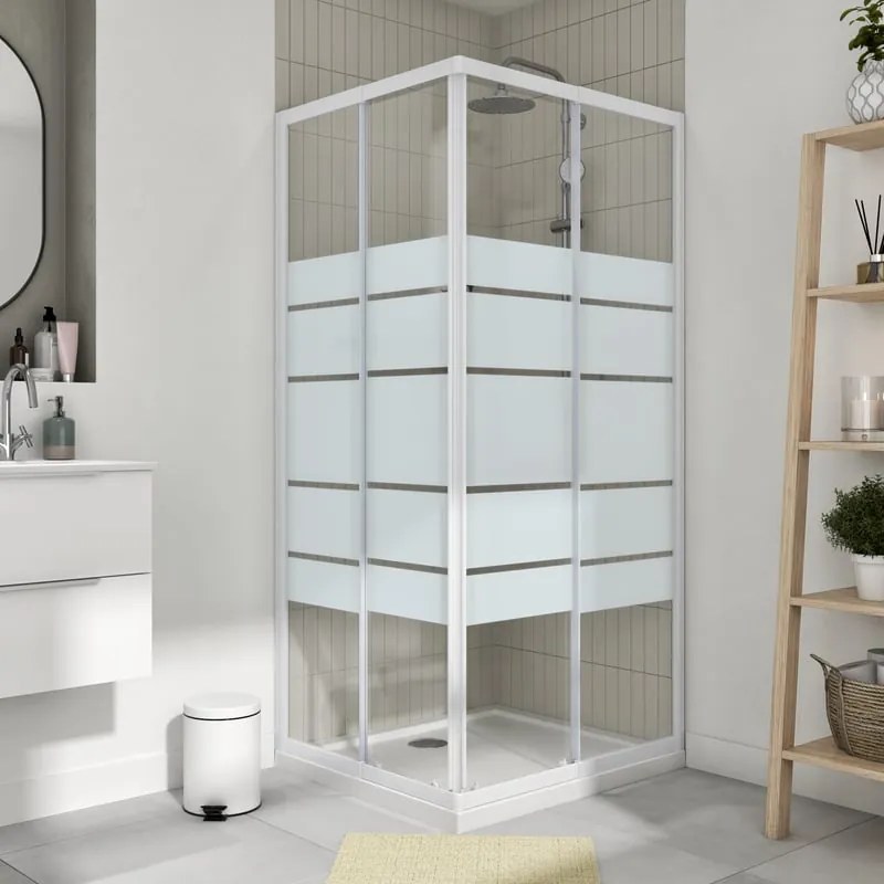 Box doccia angolare con porta scorrevole, vetro smerigliato 4 mm, L 87.5-99 cm x L 67.5-79 cm, H 185 cm, bianco Essential