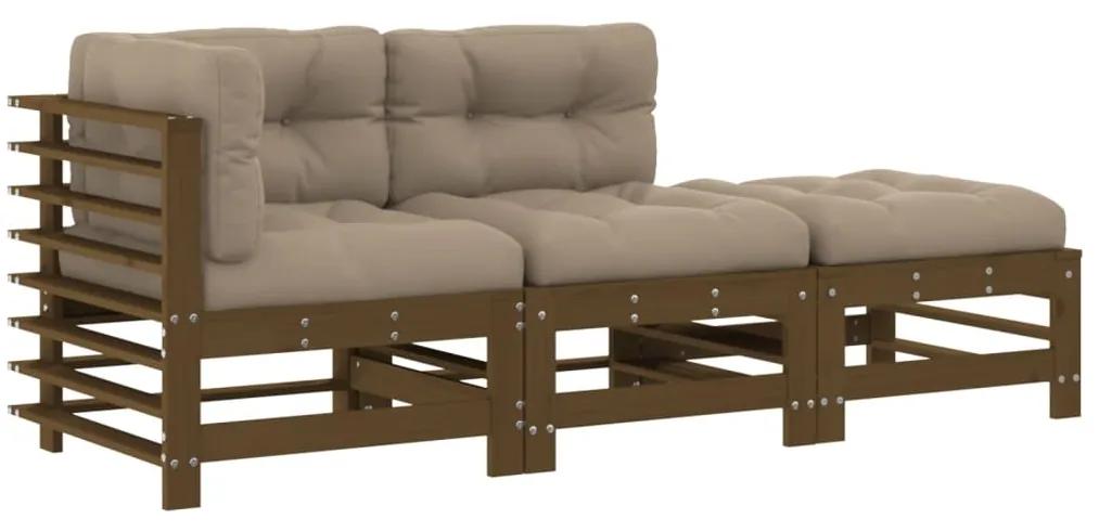 Set divani da giardino 3 pz con cuscini in legno massello miele