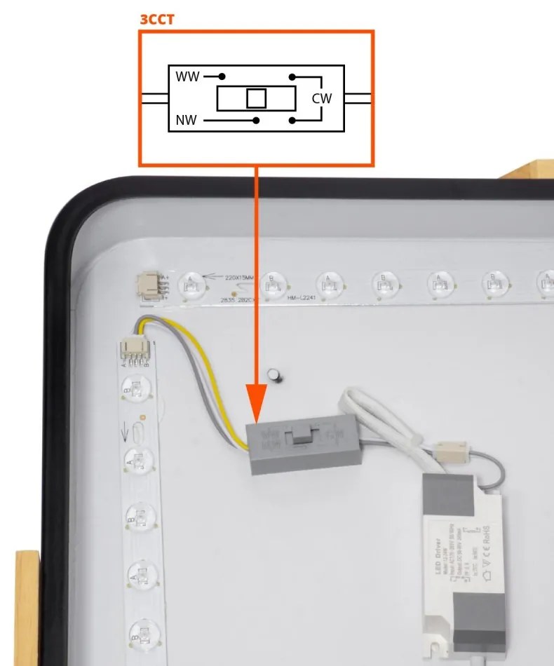 Plafoniera LED Rettangolare 30W CCT, 60x40cm, Legno/Nero Colore Bianco Variabile CCT